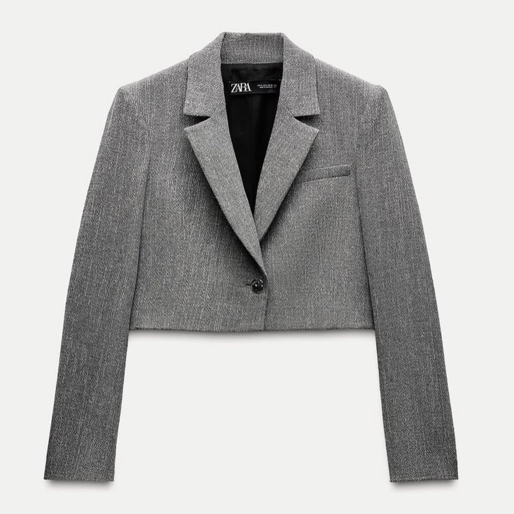 NET Zara Cropped Gray Tweed Metallic Detail Single Button Blazer Women’s M